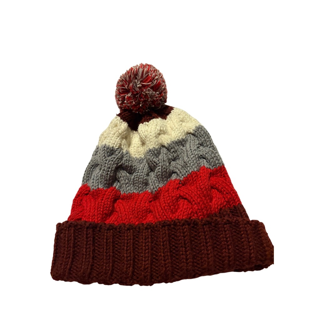 Columbia Colorblock Cable Knit Pom Beanie Fleece Lined Maroon Red Grey OS‎